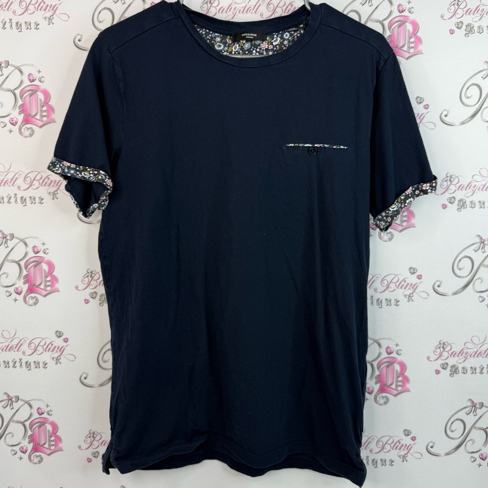 Jack & Jones T-shirt floral trim pattern pocket Dark Blue Tee with Floral Trim